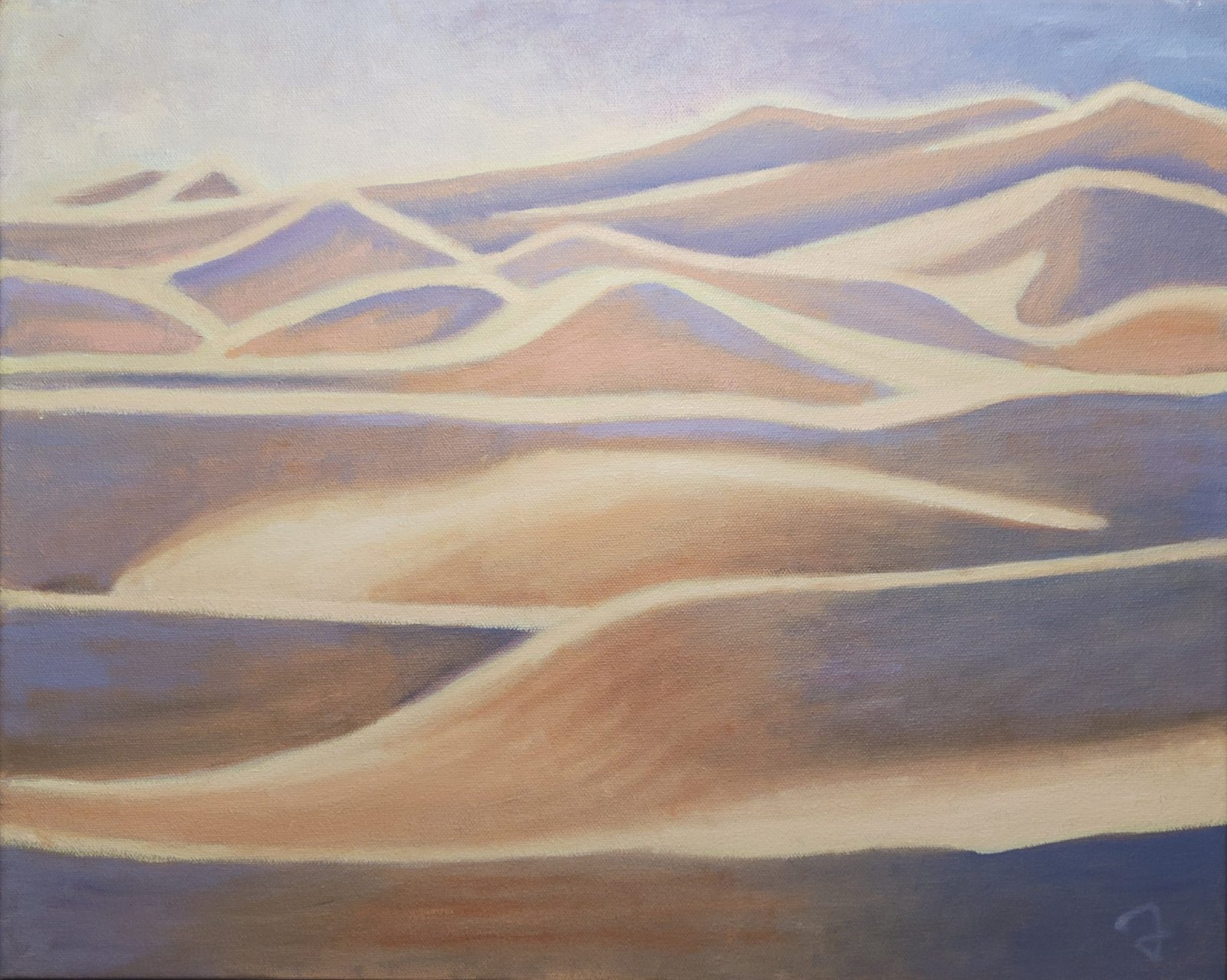 Desert oil painting of rolling sand dunes.